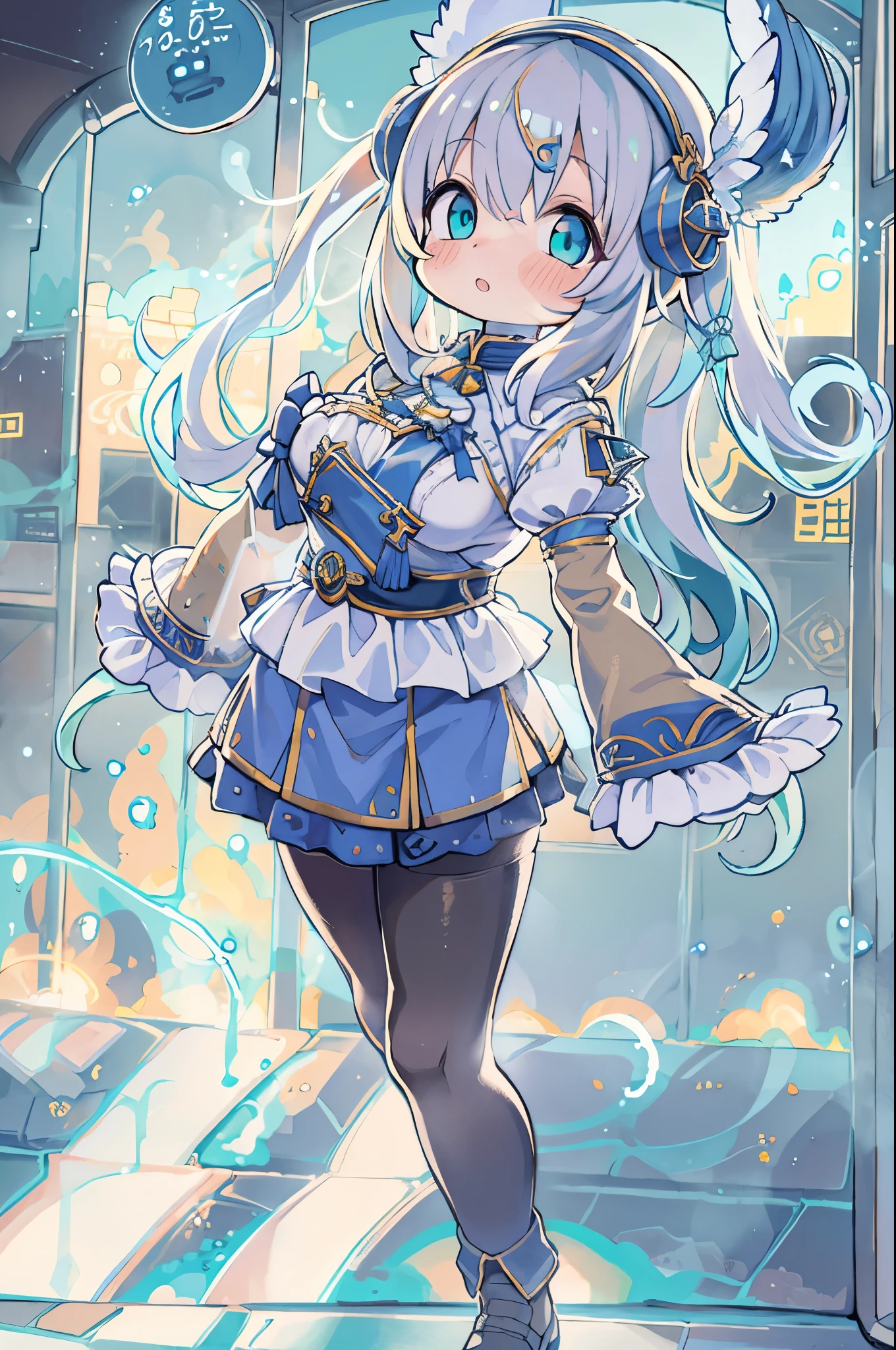 (artwork), (great work), (indirect lighting), (Chibi Cute Studio), (GIFcuteアニメ), (cute cute), (Highly detailed CG 8k unit wallpaper), (One person) cuteドレスを着て, cuteフリルのティアラが付いた長い青い髪, Wearing silk gloves, White skin, Green and blue eyes, (cute)