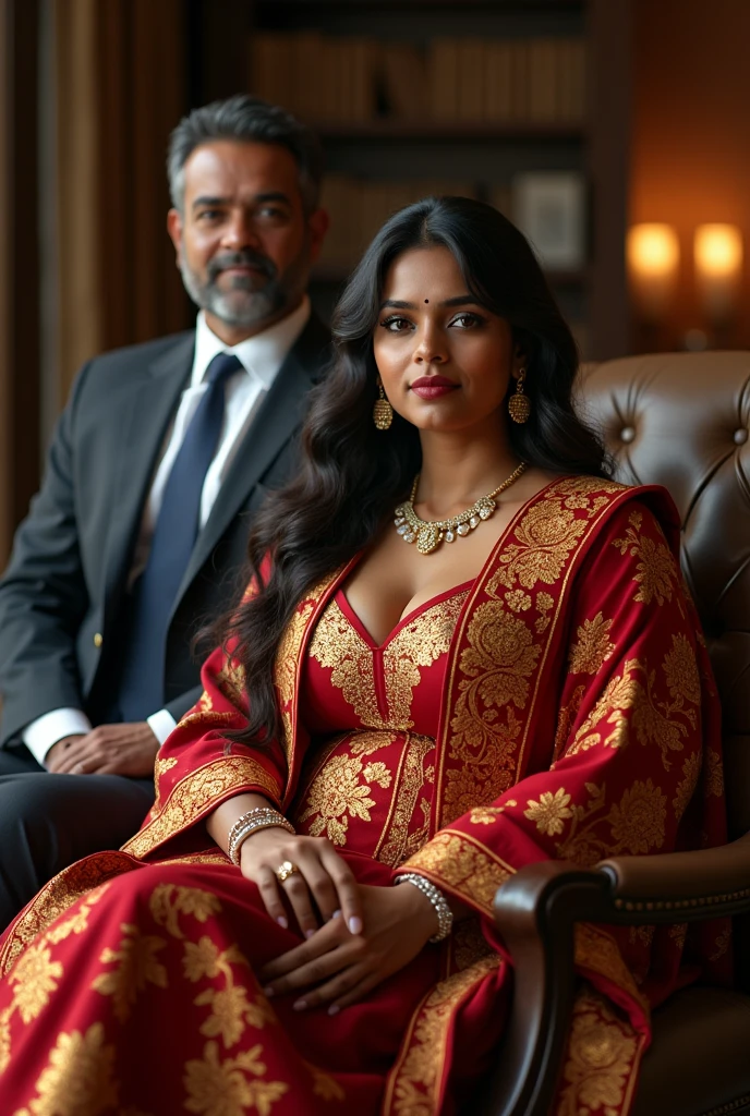  Wearing full body  Academic regalia  wealthy sri lankan average beautiful girl(big  large breasts and butt) sit in chair with sri lankan wealthy age 35 man (software,electrical,garments companies owner)