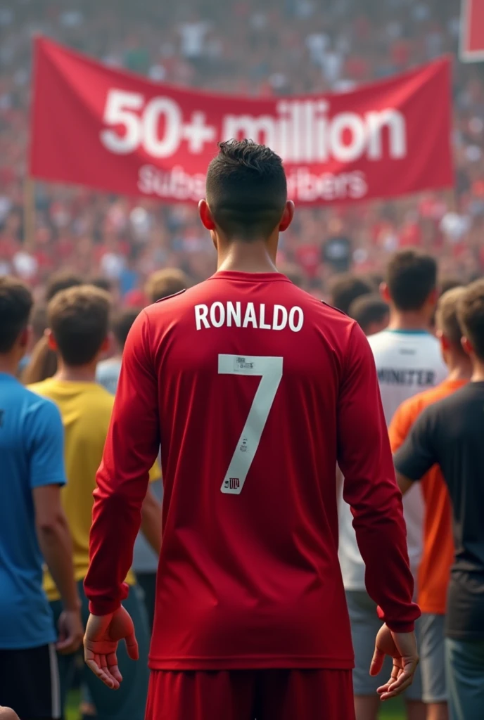 Ronaldo celebrate 50milion youtube subscribers..
There a banner in background shows 50M subscribers done..
& So many people they were blue, yellow , white, black, orange tshirt and they are enjoying in background..
Ronaldo turn back side jersey number 7 and jersey colour red, pant also red , no other logo on jersey without a YouTube logo...
He turn back side