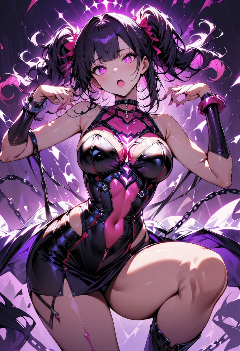 One young and beautiful woman,(Highest quality,Extremely detailed depiction,Incredibly absurd high resolution,Anatomically accurate depiction,Nice hands,Perfect Fingers,Curvy Legs),(Glossのある肌,Oilskin),(Sexy Idol),(Sexy Idol衣装,Cute hairstyle,tights,heart,Chain Choker,boots,Gloss,Chain Accessories,Bracelet made of chain),eyelash,(Glowing pink eyes,Large Breasts,Moist pink lips,Mouth open,Red face,Attractive pose),