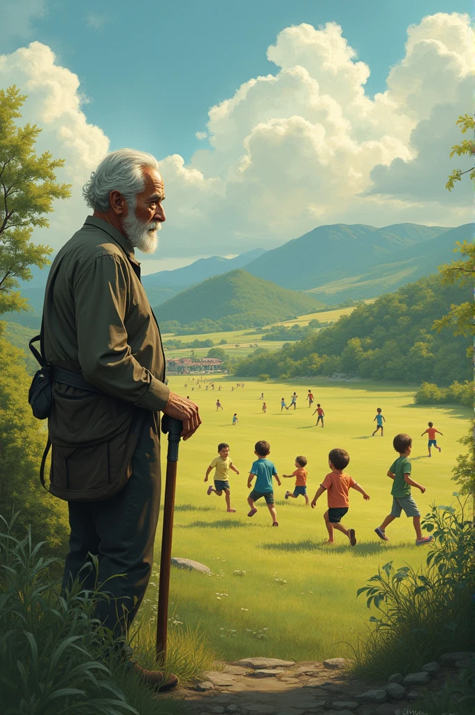 A old man walking at a high place watching old kids playing at the place he used to play in his early days.
