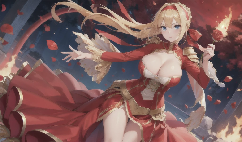 Beautiful blonde with tied hair, blue eyes and big breasts,red headband,cleavage,golden armor,red dress,long skirt,Bare Legs,Standing,red sword,red rose petals,flame