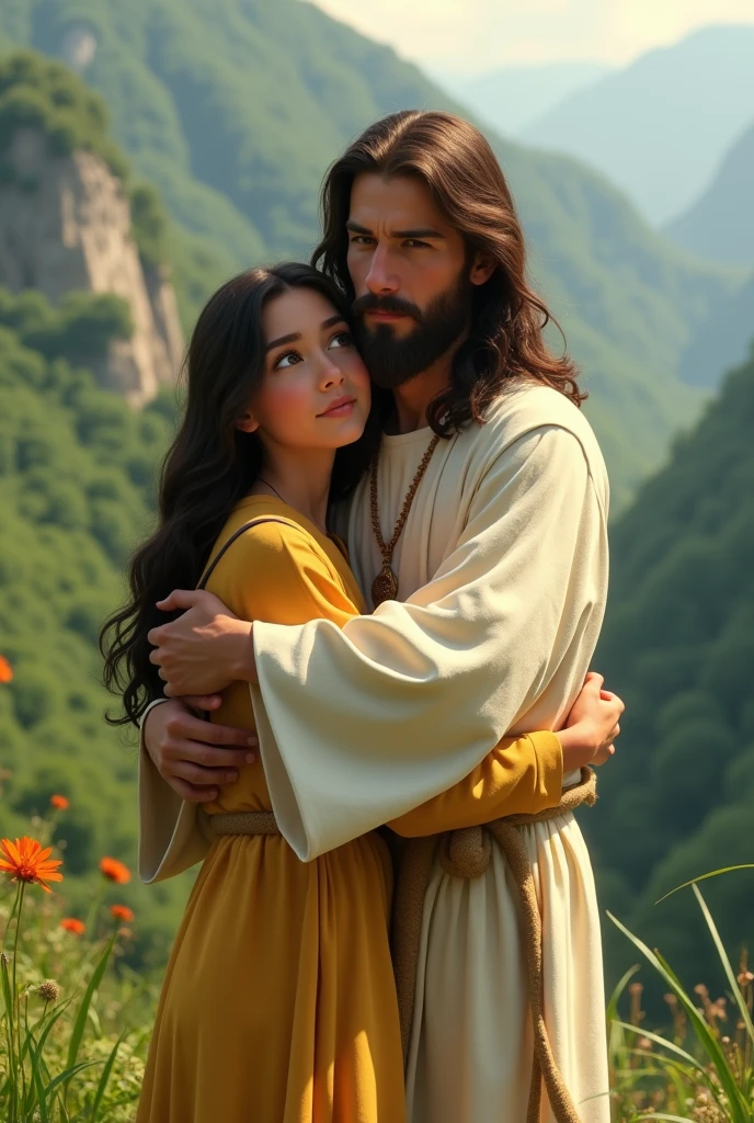 ((best qualityer)), ((work of art)), (detailded), face perfect, , ager, Pixar-style, hugged with Jesus, green mountains