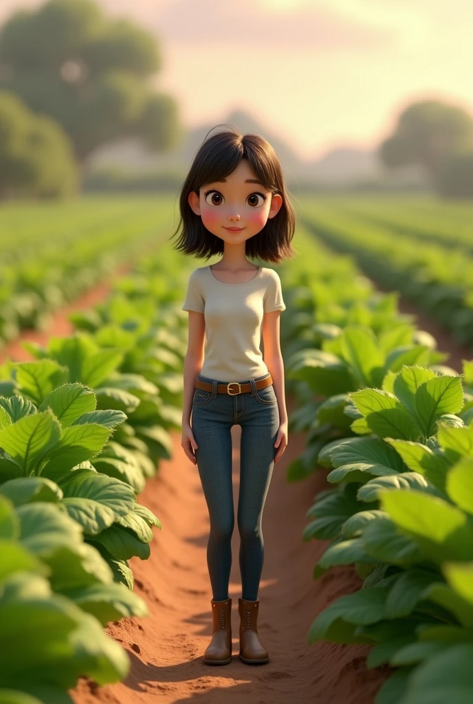 3d animation pixar style, 20 year old girl, agronomist, skinny, with white skin, with bangs in her hair on her forehead, with medium-length dark brown hair, wearing jeans with a buckle belt, wearing ankle boots, in the middle of a platation