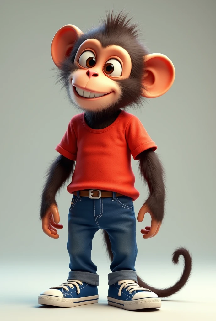 A monkey with his red shirt, blue pants and blue sneakers