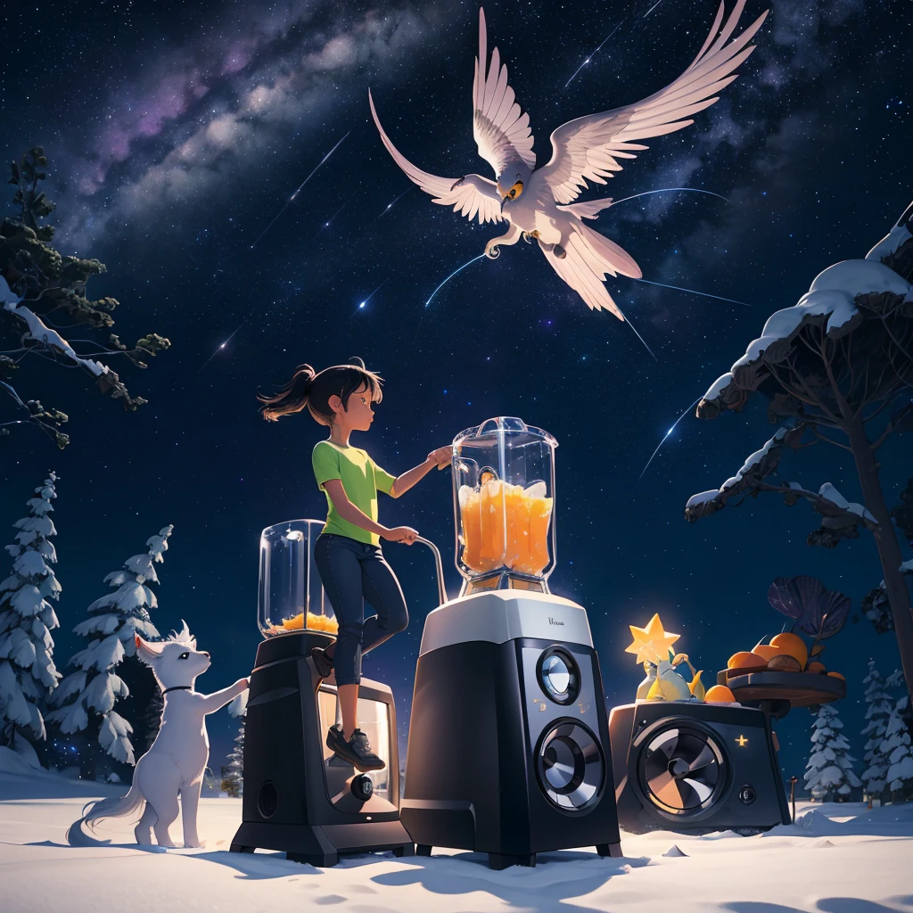 A blender with the Vitamix logo, with beautiful stars shining inside it, and a parent and Pegasus outside of it. The background is a twilight night sky, a fantastical night sky, resembling a painting by Christian Riese Lassen