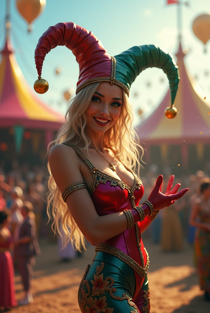  A SEXY FEMALE JESTER AT THE CIRCUS JUGGLING.
