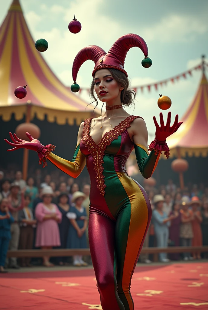  A SEXY FEMALE JESTER AT THE CIRCUS JUGGLING.