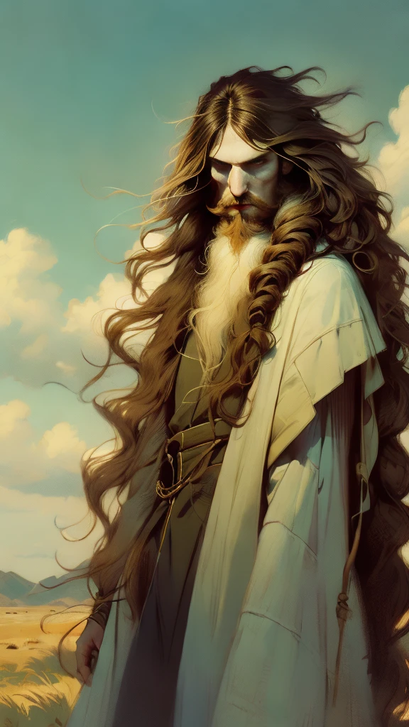 rafed man with long hair and beard standing on a hill, a portrait by John Murdoch, unsplash, digital art, his hair moves with the wind, wind in long hair, wind in hair, long hair windy, wind blowing and hair flowing, windy hair, wind blowing hair, hair blowing the wind, long windy hair style, hair blowing in the wind
