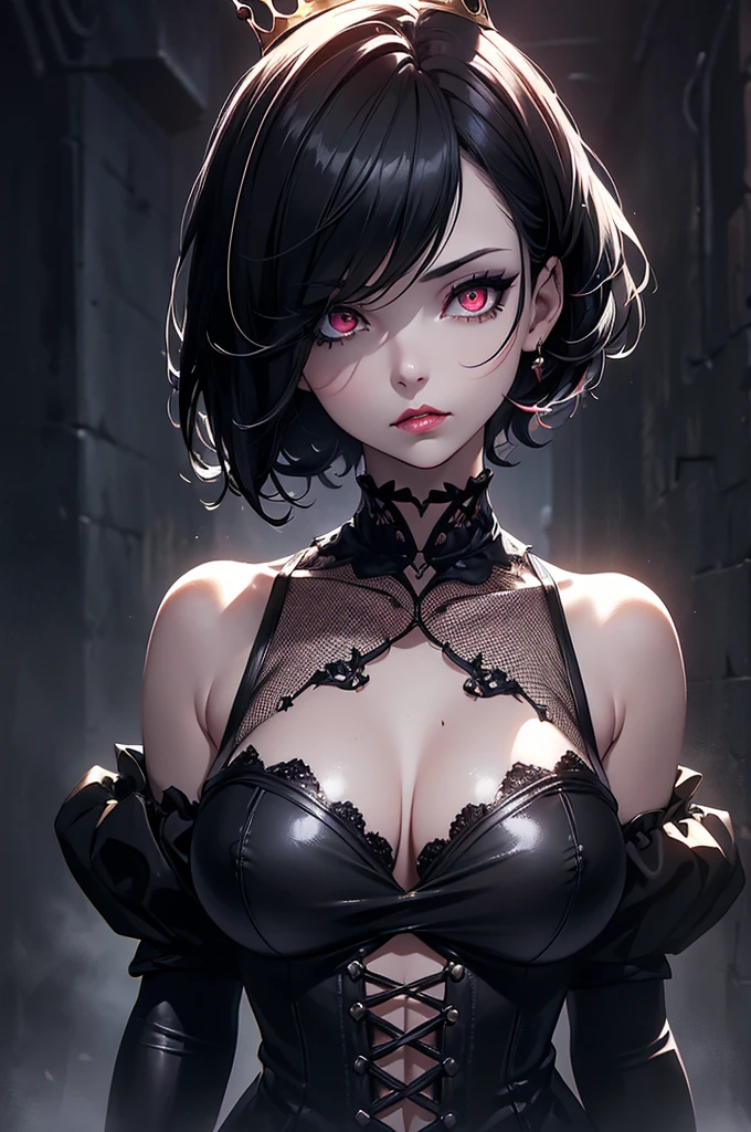 (digital painting),(best quality), masterpiece, 8k resolution, (dark mood background:1.4), dark fantasy, vintage 80s style, oil painting, anime girl, one girl, solo, beautiful girl, goth girl, pale skin, big breast, seducing, (sad face: 1.2), detailed lips, beautiful lips, red lips, big eyes, (red eyes:1.2), glowing eyes, (very detailed eyes:1.4), cute girl, short hair, black hair, fishnet clothes, crown, dramatic lighting, deep shadows, (view from above:1.2), looking upwards, (wide angle lens distortion:1.2), full body