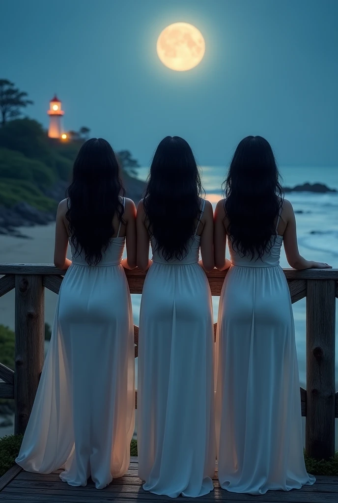 (photorealism:1.2),  a 3 curvy asian woman with wavy black hair,wearing a long maxi dress, footwear, leaning againt on a wooden bridge, looking at the beautiful beach,lighthouse,full moon night