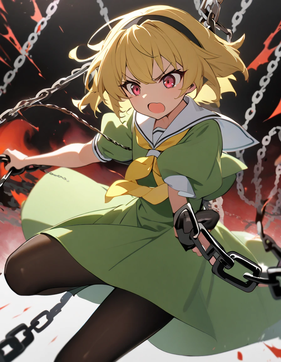 ((chain)), ((chain Focus)), (Weapon), houjou_Satoko, 1girl, 独奏, blonde,short hair,hair band,Red eyes,Green Dress,White sailor collar,Yellow neckerchief,Short sleeve,Puff sleeves,Black Pantyhose,Flat Chest, Deathblow, Swinging a chain, Swirling Chains