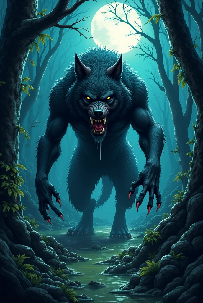 "(best quality,4k,8k,highres,masterpiece:1.2),ultra-detailed,realistic,photorealistic:1.37,A werewolf trapped in a living sticky latex in a dark forest,illustration,thick forest,menacing atmosphere,wolf-like eyes,sharp claws,dripping fangs,sinister shadows,moonlit night,ominous presence,dense foliage,vivid colors,ethereal lighting blowjob