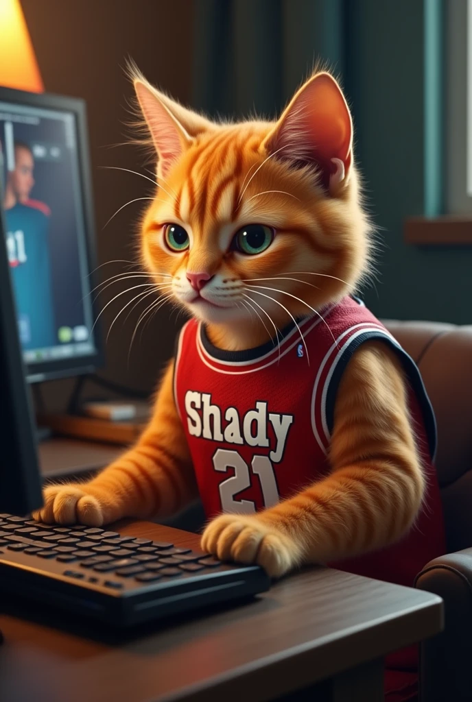 A ginger cat in a basketball uniform with the name Shady and the number 21, playing computer 