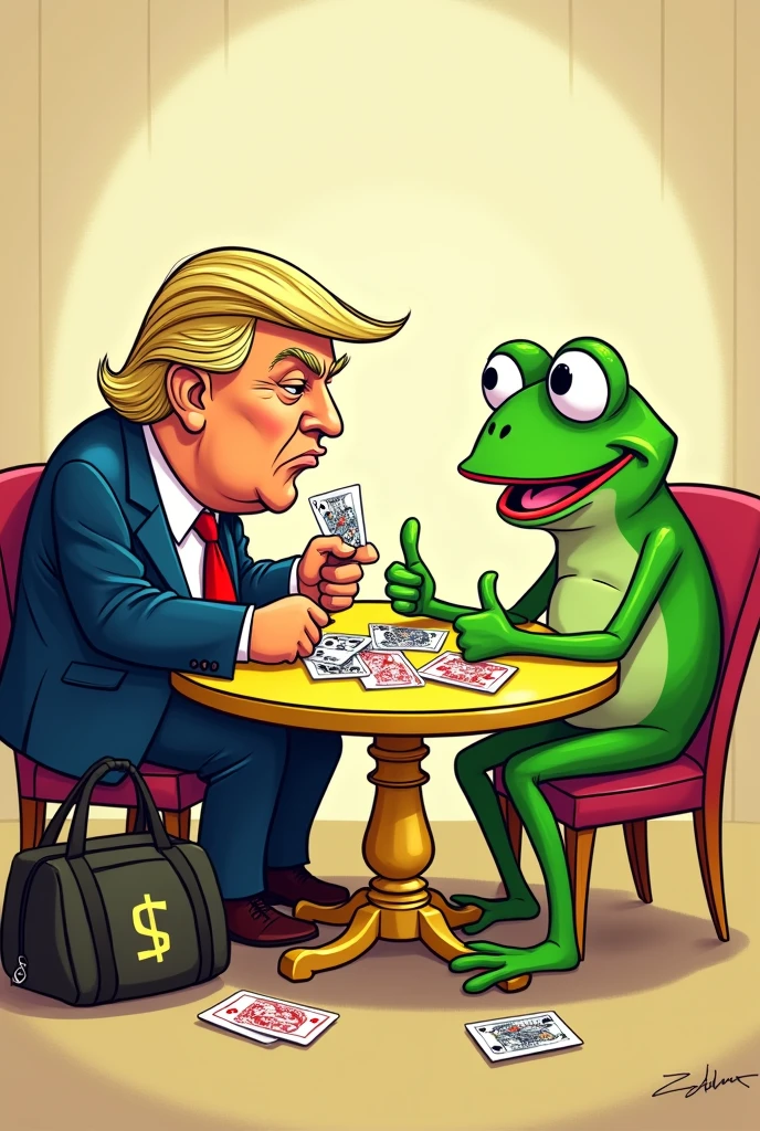 A cartoonish, comical-style image with a hand-drawn, simple aesthetic. At the center is a yellow table with various playing cards scattered across it. Donald Trump, depicted in a humorous and exaggerated cartoon style, is handing out cards. Next to him, there’s a duffel bag with a dollar sign on it. Seated across from Trump is Pepe the Frog, also in a cartoonish style, giving a thumbs up. The overall scene is lighthearted and whimsical.