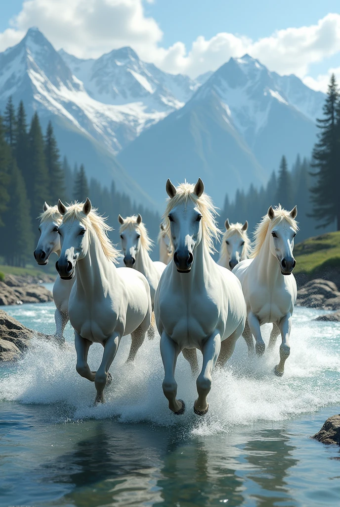 Seven white horse running in river background mountains side view in tree
