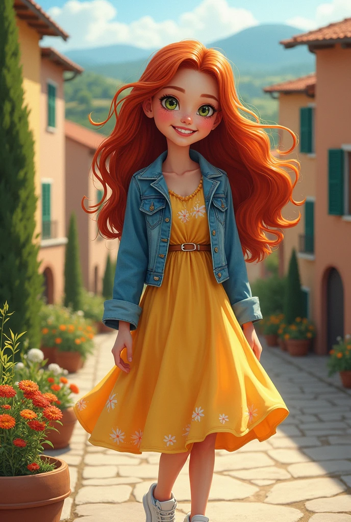 Girl with long wavy red hair, yellow dress with little flowers, jean jacket, Italian background, white sneakers, with freckles, thick lips, white teeth, honey green eyes