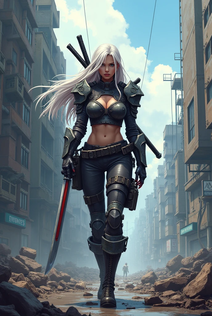 a woman in a post-apocalyptic cyberpunk setting, looking at the ruins of the city that looks like Tokyo, she has long white hair, wears an ammunition belt and has a katana in his hand, all this in pixel art