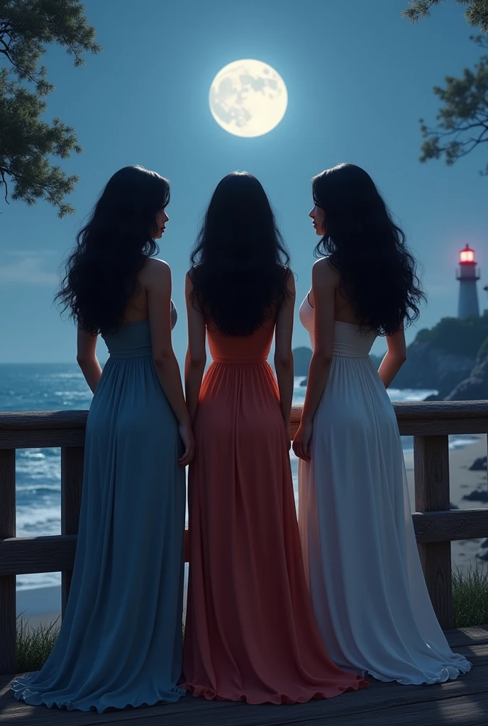 (photorealism:1.2), a 3 curvy asian woman with wavy black hair,wearing a long maxi dress, footwear, leaning againt on a wooden bridge, looking at the beautiful beach,lighthouse,full moon night