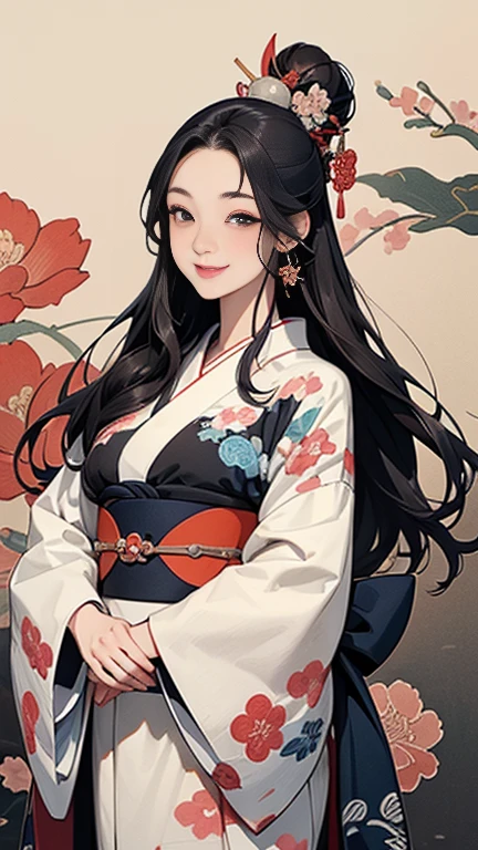 A beautiful woman smiles and shows her upper white teeth、Vividly colored Japanese Ukiyo-e style illustrations、(SeaArt creates stunning illustrations of beautiful women in kimono)、Brown-black long hair、Beautiful full body style、Let's dance a little Tokyo Ondo Yoiyoi、Beautiful digital painting,、Bright vibrant digital anime art、 Detailed digital anime art、 Beautiful anime portraits、background、Torii gate of a shrine in Kyoto, Japan、Detailed CG、