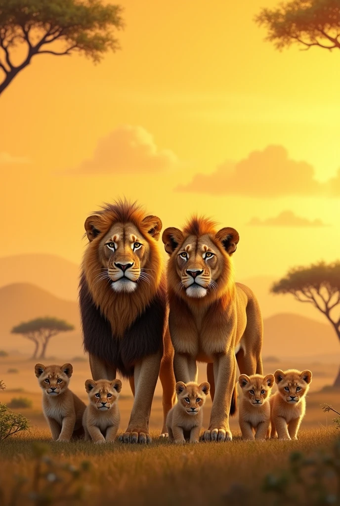 VERTICAL image with a Lion and a lioness, with four puppies, in a savannah with a yellow sky