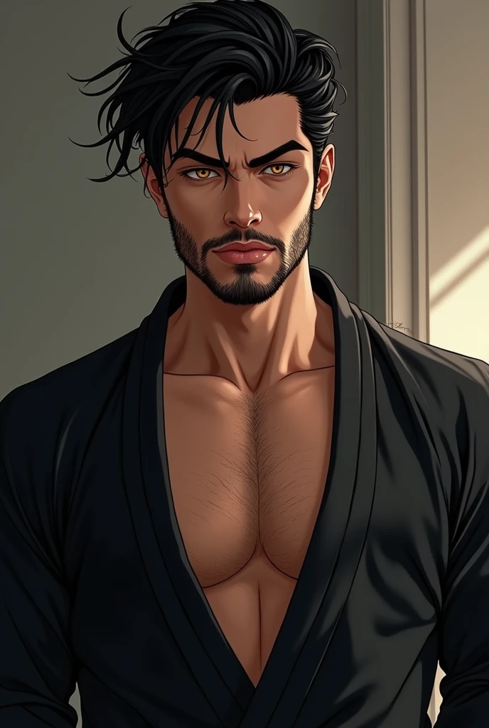 drawning, naughty man, eyeballs: small, honey color and big eyelashes. well-designed and black eyebrows. beard well designed and black. athletic body with a jiujutsu kimono, very thin and black hair, -