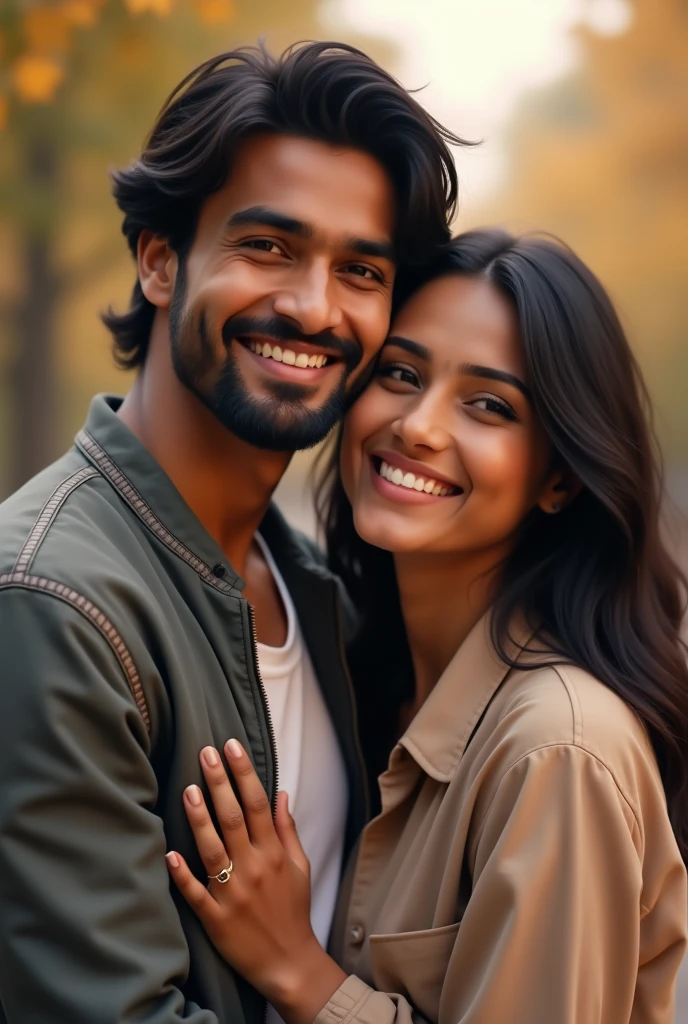 "A 2 Indian couple is sitting together. The boy has medium long hair and is wearing a jacket, while the girl is wearing a shirt. The girl is taking a selfie of the two of them. They are smiling, capturing a happy moment. The background is soft and slightly blurred, drawing focus to the couple's joyful expressions."