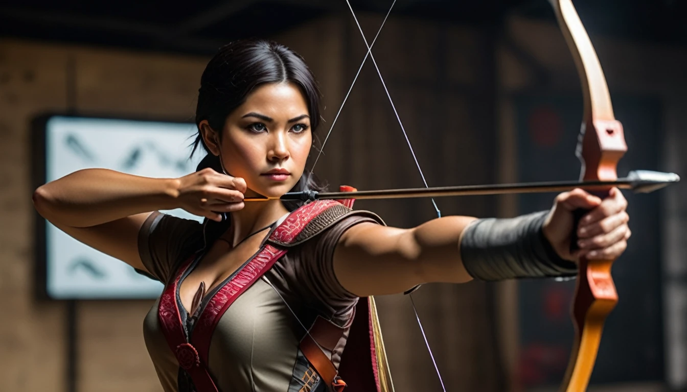 (A female archer at a shooting range aiming a bow and arrow at a target in the distance:1.5), 1girl, Alone, dark hair, , short hair, brown eyes, asian, archer pose, perfect body, (anatomically correct:1.1), ((front view:1.4)), (Masterpiece:1.3), (The best quality:1.3, (high detail:1.3), (super detailed:1.3)