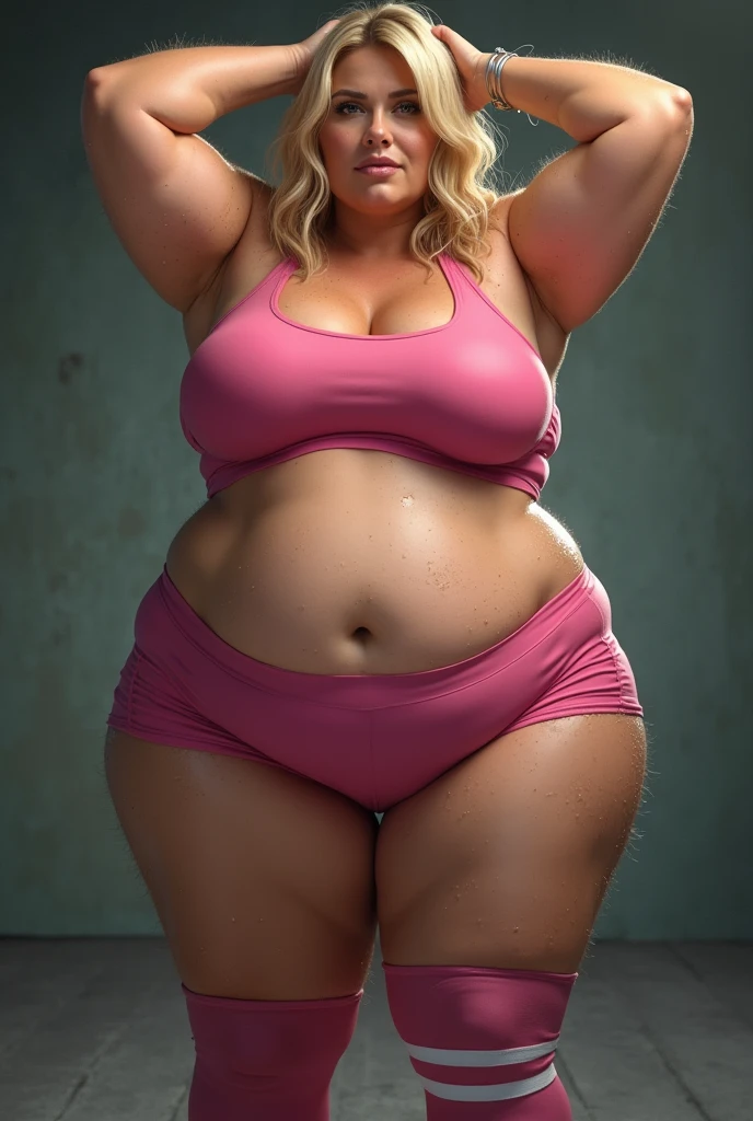 A blonde milf woman who weighs 70 kilos and has rolls, She is very sweaty and is raising her arms and showing her very hairy armpits. She has a beautiful face and has very huge breasts and has a lot of hair in her armpits., She is wearing a very tight wet pink top and some wet pink sports shorts that highlight her big thighs and some pink stockings with white stripes and her too huge buttocks and she has hairy legs and her body is soaked with sweat and she is giving off a very bad smell and has an aura of bad smell