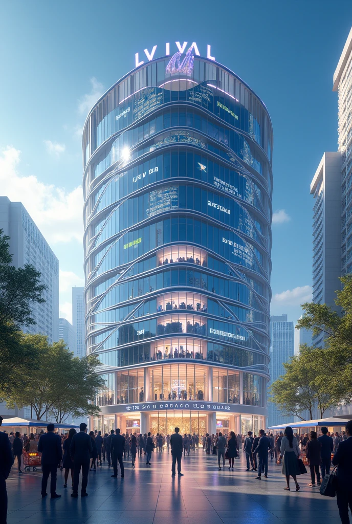 Landscap form A large and modern corporate building with the words 'LV Mall' displayed prominently at the top center. The scene is bustling with people, dressed in business attire, standing proudly and engaging with the company. Some are holding devices and shopping bags, symbolizing E-Commerce. The atmosphere is vibrant and professional, with elements like digital screens, shopping carts, and a sleek, high-tech environment around the building.
