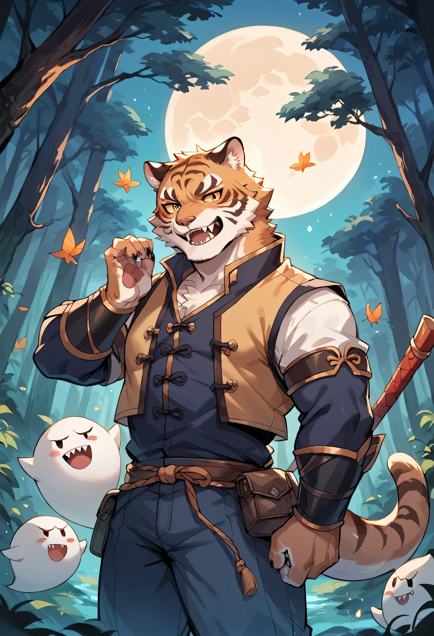 rating_safe, score_9, score_8_up, score_7_up, score_6_up, score_5_up, score_4_up, hires, source_furry, amboo forest, moon, Chinese, male animal tigers and human girl,