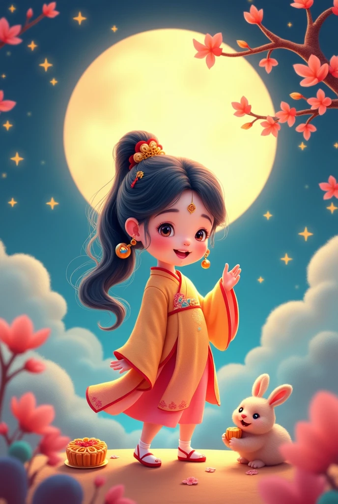 [Vision:1.0]，[Wide Angle:1.0]，(8k，Bright colors，Bright，Ultra high saturation，rgb, Bright colors), Cartoon, Character Design, antiquity，Vibrant Chinese Aesthetics，Microphotography, Felt style, 1 girl wearing Hanfu, Crescent earrings，Raise your eyebrows，Jade Phoenix Branch，Forehead Gem，(Look directly at the audience:15)，iridescent gradient fluorescent ribbons，Felt clothing looks soft and warm in the moonlight, She stood under the bright moon, Dancing lightly, Surrounded by the tranquil night sky and hazy clouds, There is a round moon cake next to the girl., Looks sweet and delicious, Next to it is a cute rabbit holding another mooncake., Sparkling stars, Colorful flowers, Seems to be enjoying the food of this festival, Vibrant and fun, Poster design style, Exquisite，Light Wave，Tradition，Exquisite，Perfect composition，超HD，Create a soft, Flowing atmosphere, Beautiful overall composition，microorganism，plant，Marine Life，Exquisite的眼睛，Starry Sky，Abstract mosaic painting，Describing the inner world of autistic people，Sense of space，White Space，interesting，Innocence，Psychedelic Art，可爱的Q版Cartoon风格，Simple background，Bright colors的插图，Vibrant colors，Full body portrait，HD，High resolution image Q-version style