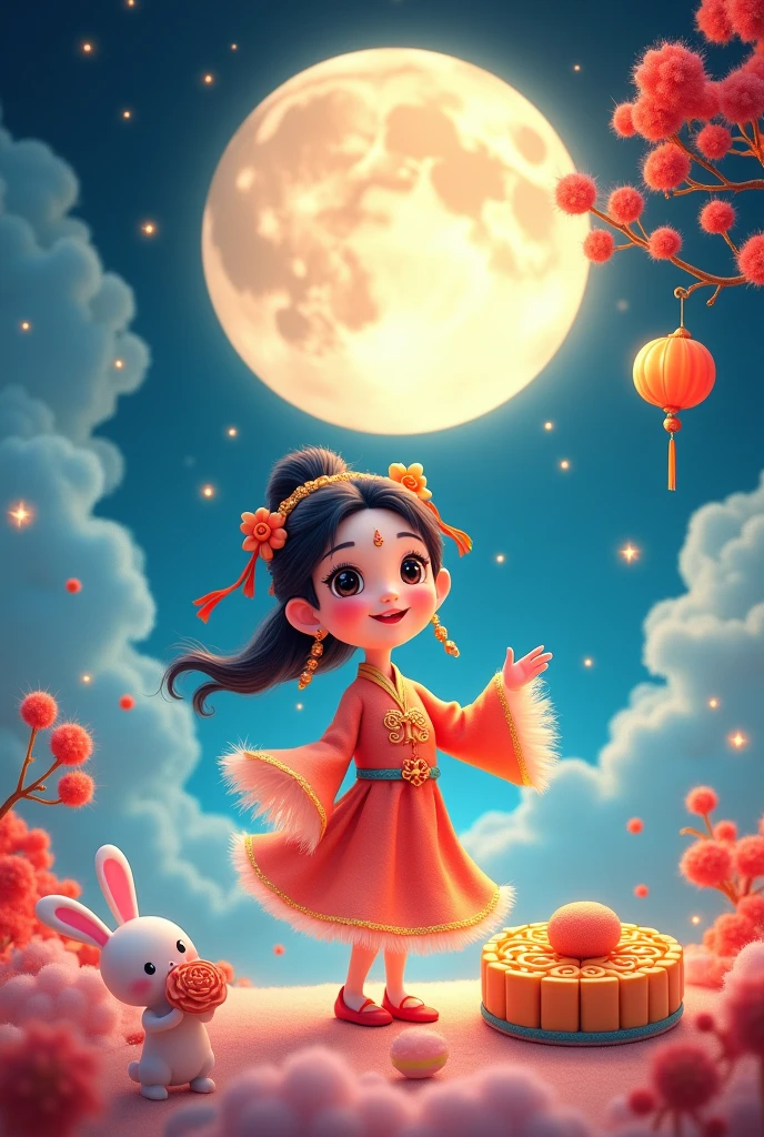[Vision:1.0]，[Wide Angle:1.0]，(8k，Bright colors，Bright，Ultra high saturation，rgb, Bright colors), Cartoon, Character Design, antiquity，Vibrant Chinese Aesthetics，Microphotography, Felt style, 1 girl wearing Hanfu, Crescent earrings，Raise your eyebrows，Jade Phoenix Branch，Forehead Gem，(Look directly at the audience:15)，iridescent gradient fluorescent ribbons，Felt clothing looks soft and warm in the moonlight, She stood under the bright moon, Dancing lightly, Surrounded by the tranquil night sky and hazy clouds, There is a round moon cake next to the girl., Looks sweet and delicious, Next to it is a cute rabbit holding another mooncake., Sparkling stars, Colorful flowers, Seems to be enjoying the food of this festival, Vibrant and fun, Poster design style, Exquisite，Light Wave，Tradition，Exquisite，Perfect composition，超HD，Create a soft, Flowing atmosphere, Beautiful overall composition，microorganism，plant，Marine Life，Exquisite的眼睛，Starry Sky，Abstract mosaic painting，Describing the inner world of autistic people，Sense of space，White Space，interesting，Innocence，Psychedelic Art，可爱的Q版Cartoon风格，Simple background，Bright colors的插图，Vibrant colors，Full body portrait，HD，High resolution image Q-version style