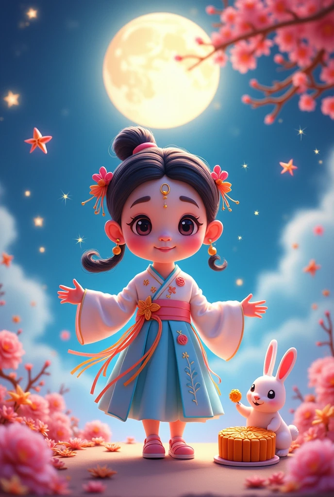 [Vision:1.0]，[Wide Angle:1.0]，(8k，Bright colors，Bright，Ultra high saturation，rgb, Bright colors), Cartoon, Character Design, antiquity，Vibrant Chinese Aesthetics，Microphotography, Felt style, 1 girl wearing Hanfu, Crescent earrings，Raise your eyebrows，Jade Phoenix Branch，Forehead Gem，(Look directly at the audience:15)，iridescent gradient fluorescent ribbons，Felt clothing looks soft and warm in the moonlight, She stood under the bright moon, Dancing lightly, Surrounded by the tranquil night sky and hazy clouds, There is a round moon cake next to the girl., Looks sweet and delicious, Next to it is a cute rabbit holding another mooncake., Sparkling stars, Colorful flowers, Seems to be enjoying the food of this festival, Vibrant and fun, Poster design style, Exquisite，Light Wave，Tradition，Exquisite，Perfect composition，超HD，Create a soft, Flowing atmosphere, Beautiful overall composition，microorganism，plant，Marine Life，Exquisite的眼睛，Starry Sky，Abstract mosaic painting，Describing the inner world of autistic people，Sense of space，White Space，interesting，Innocence，Psychedelic Art，可爱的Q版Cartoon风格，Simple background，Bright colors的插图，Vibrant colors，Full body portrait，HD，High resolution image Q-version style
