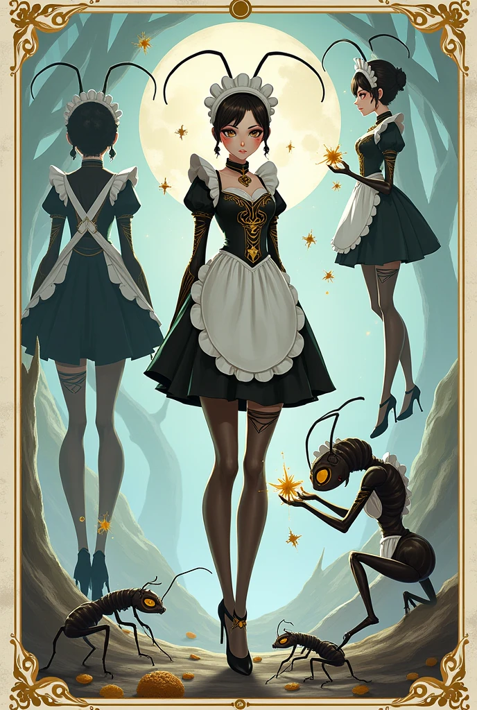 Character sheet, front, side, back, anime style, female worker ant, looking after larvae, maid outfit, fantasy, magic, cool tone, tarot card