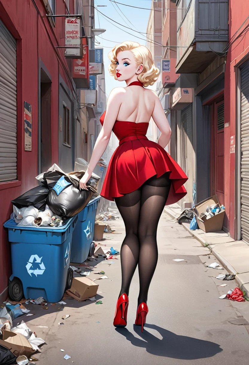 masterpiece, small size head, pinup,Marilyn Monroe, pale skin, blue eyes, stunning, wearing red skirt, black pantyhose ,red stilettos ,thick calves,thick legs , big ass. She is walking in poor street with a Lot of garbage.