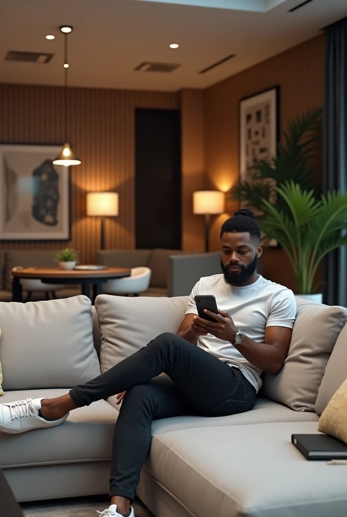 Generate an image of a black handsome man in a casual wear with a new interior  sitting on a couch with his phone