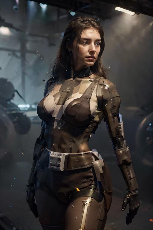 detailed humanoid chubby woman, android, pale human face, delicate features, short dark brown hair, human torso wearing tank top, spandex shorts, robotic legs and arms, space prison with view of Earth, best quality, 4k, 8k, highres, masterpiece:1.2, ultra-detailed, realistic, photorealistic, photo-realistic:1.37, HDR, UHD, studio lighting, ultra-fine painting, sharp focus, physically-based rendering, extreme detail description, professional, vivid colors, bokeh, sci-fi, concept art