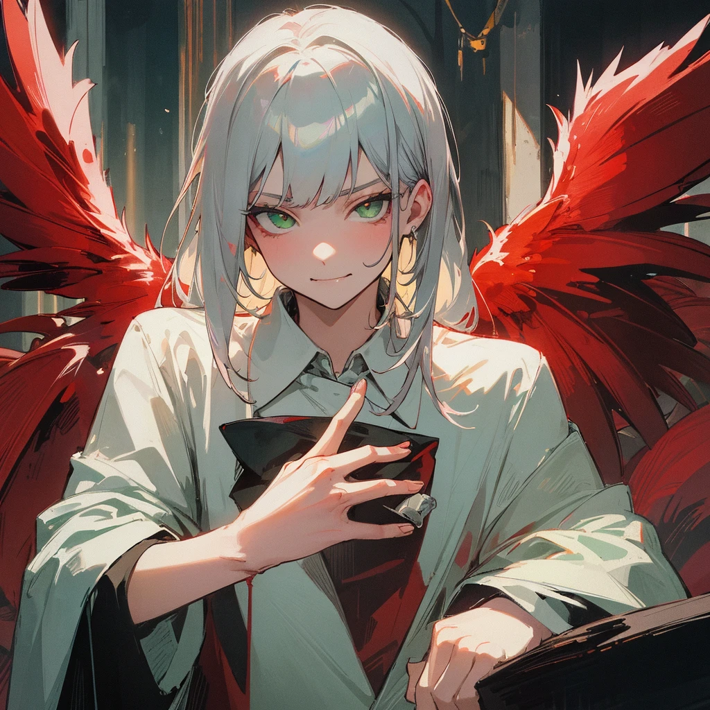 masterpiece, Shortcuts, Silver Hair, Big red wings,Green Eyes, Droopy eyes, White shirt,smug face, One person, woman