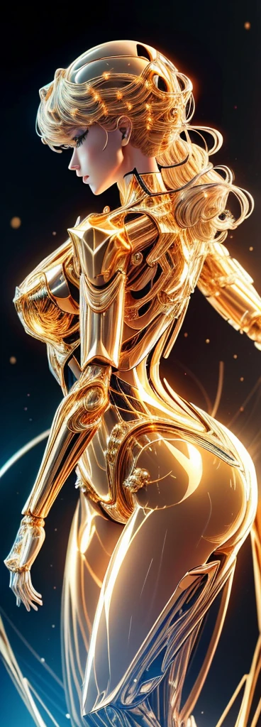 A translucent, finely detailed golden mechanical girl, Futuristic, Mechanical joints, Futuristic都市の背景, Model shooting style, (Very detailed Cg Unity 8k Wallpaper), Abstract style beauty,, Surrealism, 8k, Very detailed, Highest quality, Awards, Anatomically correct, 16K, Very detailed