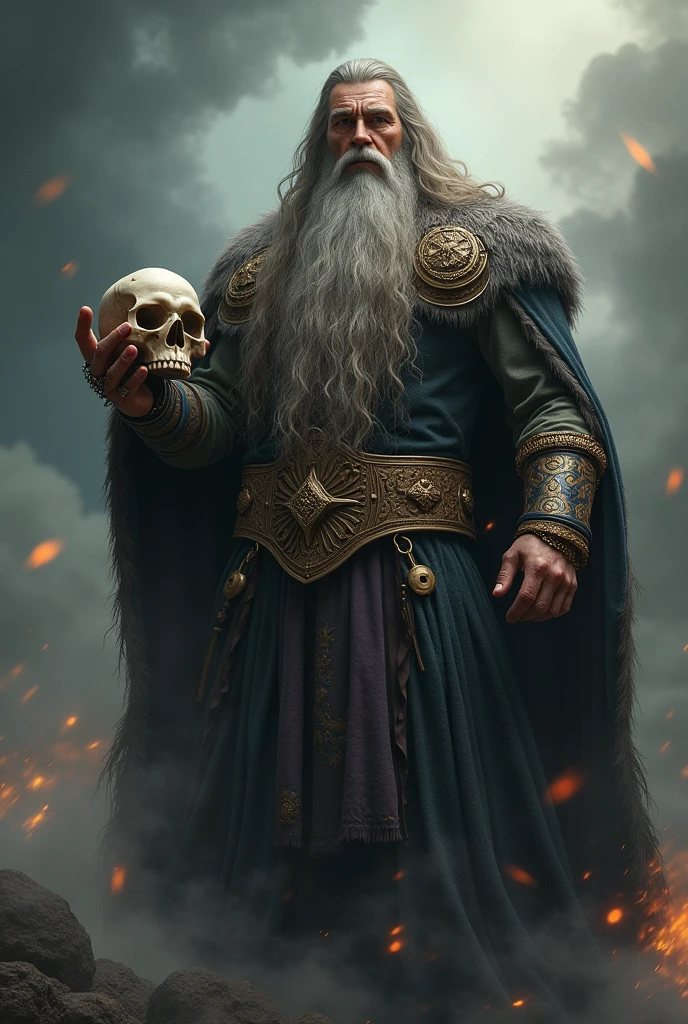 Norse god with a skull in his hand and jewelry on his fingers