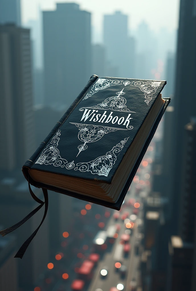 Create an old fashioned black enchanted notebook with only the shiny silver wishbook writing ,falling from the sky to the city ground 
