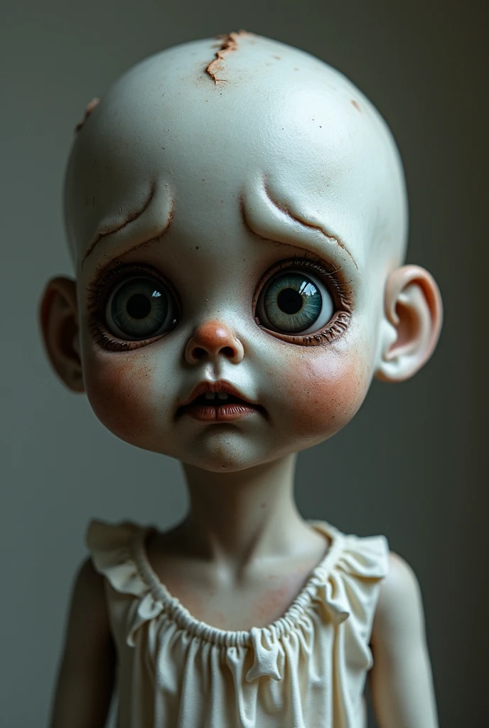 "Image of a doll with aged features, including the wrinkled face, withered and tired. The doll appears to be sad, dull and without collagen, reflecting a finished and worn look."