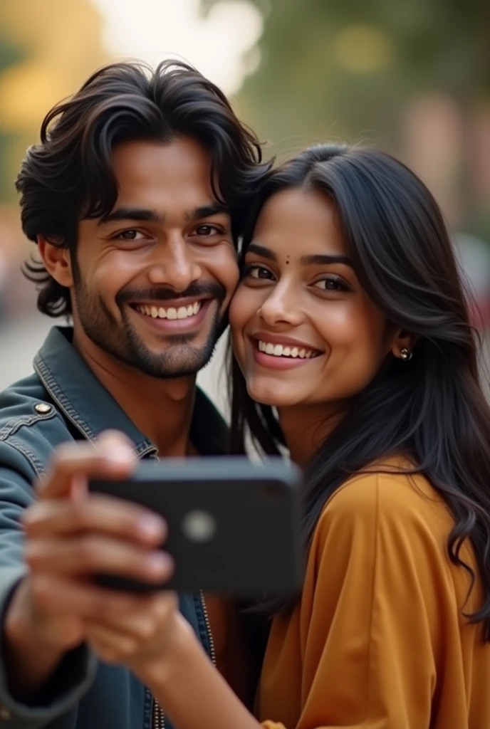"A 2 Indian couple is sitting together. The boy has medium long hair and is wearing a jacket, while the girl is wearing a shirt. The girl is taking a selfie of the two of them. They are smiling, capturing a happy moment. The background is soft and slightly blurred, drawing focus to the couple's joyful expressions."