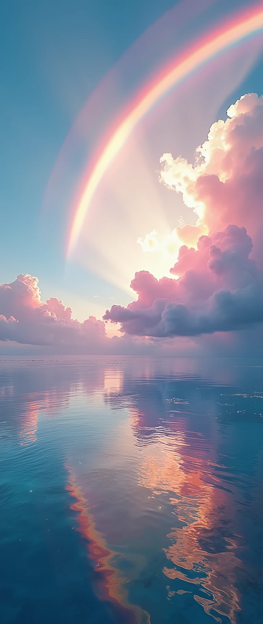 (masterpiece:1.2,Exceptional Quality,mirror-like,Cinematic Experience),8k,wallpaper,(Art of rainbows, clouds and water:2.0),(Dynamic Angles:2.0)