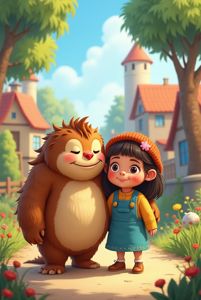 Create an image for story books 
Ellie and Benny continued to have adventures, proving that friendship can break down barriers and bring joy to everyone where is monster Benny with brown colour and big anf chubby 