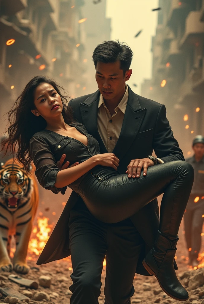 poster film action,portrait of an 1 asian man wearing a mafia costume carrying a young indonesian woman in pain injured in a destroyed building with sparks,people are at war,beside it there is a tiger,behind him there is a team,api,real palace,face in front of the camera