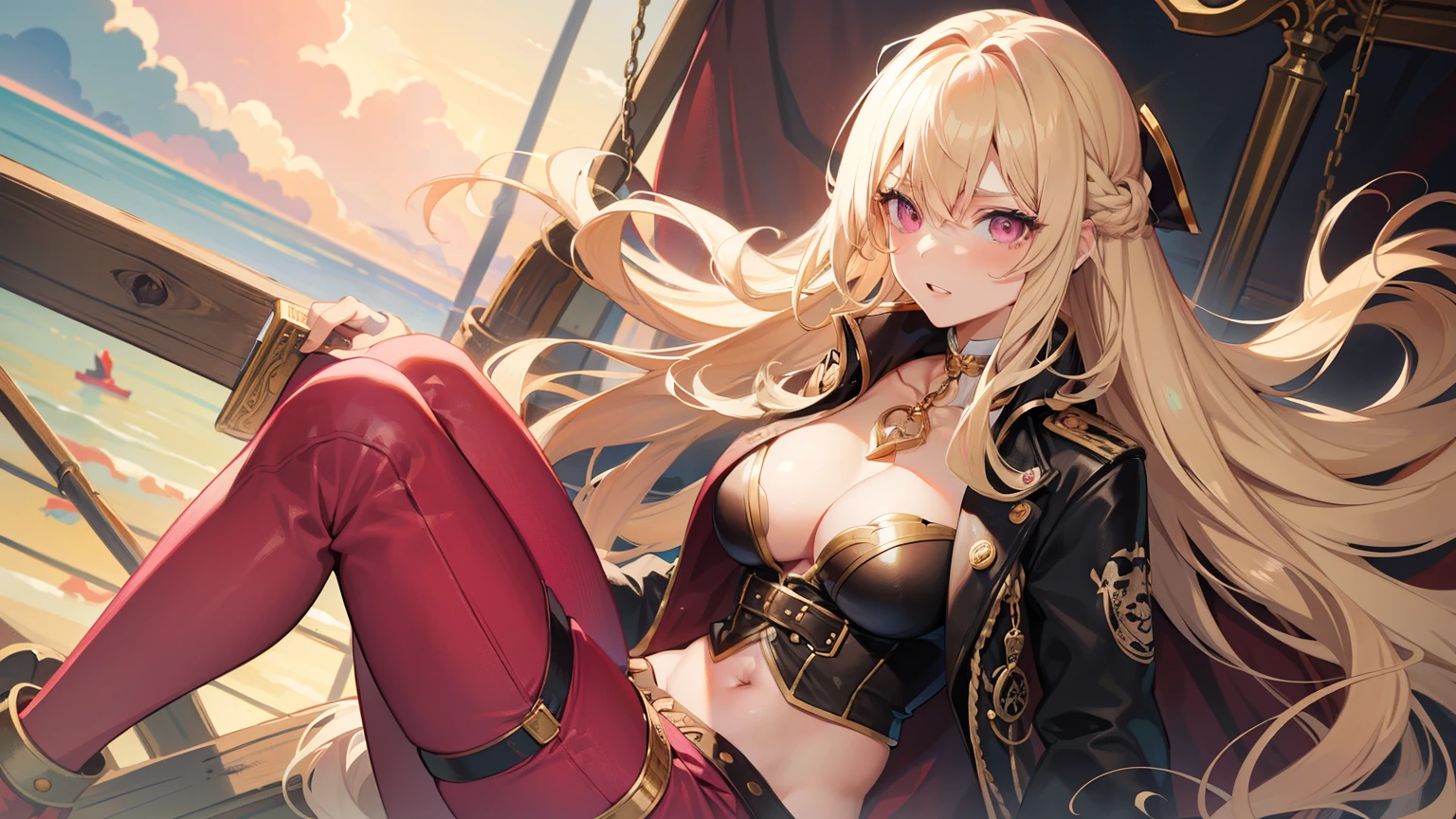One adult woman, pink eyes, long blonde hair, pirate clothes