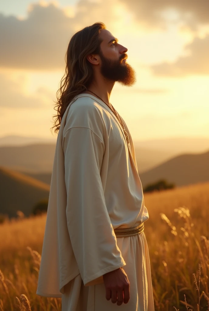 A serene scene of a bearded man resembling a classic depiction of Jesus Christ, standing in a field at sunrise or sunset. He is positioned in profile, with his body turned no tottaly to the right side and his arms outstretched. His head is slightly tilted upward, gazing gently toward the sky. He has long, wavy brown hair and a well-groomed beard, with a calm and compassionate expression on his face. He is dressed in flowing white robes that drape gracefully over his body. The light from the sun reflects on the side of his face and robes, illuminating his features with a warm, golden glow. The background consists of rolling hills and a vast sky with a mix of clouds and soft sunlight, enhancing the tranquil and divine ambiance of the image.