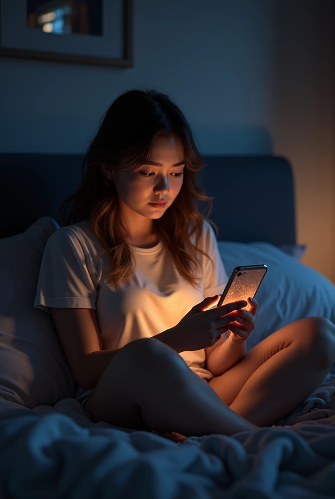 girl using phone sitting in the bed with screen light